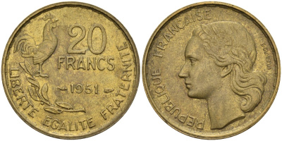 Франция 20 франков 1950 B, петух KM 917.1 алюминиевая бронза 4142-1236