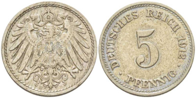 ГЕРМАНИЯ 5 ПФЕННИГОВ 1912 D KM 11, J. 12, Weege 6 медно-никель 206-1012