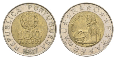 Португалия 100 эскудо 1997 Педру Нуниш (1502-1578), математик KM 645 биметалл 4566-312