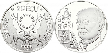 ФИНЛЯНДИЯ 20 ЭКЮ 1995 ЙОХАН ЛЮДВИГ РУНЕБЕРГ ( 1804-1877), ФИНСКИЙ ПОЭТ серебро PROOF 02-038-12