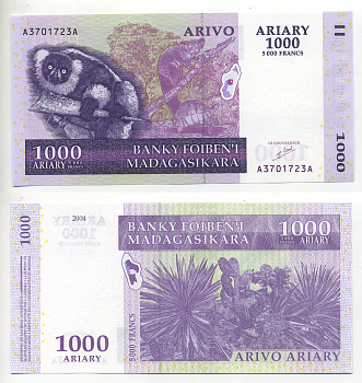 Мадагаскар 1000 ариари (5000 франков) 2004 лемур, животные, подпись 5 Pick 89 а бумага UNC (пресс) 6299-42-3