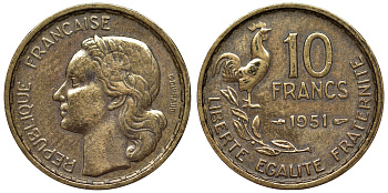 Франция 10 франков 1951 петух KM 915.1, Le Franc 363.4 алюминиевая бронза 71-1049