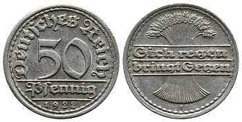 ГЕРМАНИЯ 50 ПФЕННИГОВ 1922 F KM 27, J. 301, Weege 10 алюминий 4380-913