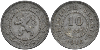 Бельгия 10 сантимов 1916 Германская оккупация Первая мировая война, ТОЧКА ДО И ПОСЛЕ ДАТЫ KM 81 цинк 190-732