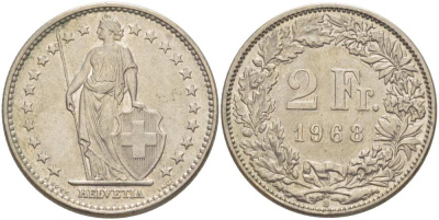 ШВЕЙЦАРИЯ 2 ФРАНКА 1968 В KM 21а.1 медно-никель 32-421