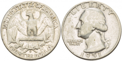 США 25 ЦЕНТОВ = КВОТЕР 1951 D ВАШИНГТОН KM 164 серебро 4546-1243