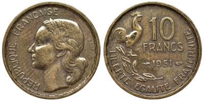 Франция 10 франков 1951 петух KM 915.1, Le Franc 363.4 алюминиевая бронза 71-1049