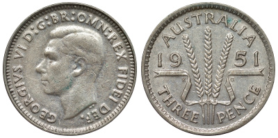 Австралия 3 пенса 1951 m, Георг VI (1937-1952), без букв KM 44 серебро 71-265