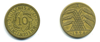 ГЕРМАНИЯ 10 РЕНТЕНПФЕННИГОВ 1924 A KM 33, J. 309, Weege 8 алюминиевая бронза 46-1346