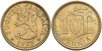 ФИНЛЯНДИЯ 10 ПЕННИ 1973 S KM 46 алюминиевая бронза 192-1037