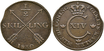 Швеция 1/2 скиллинга 1830 Карл XIV Юхан (1818-1844) KM 596 медь 63-115