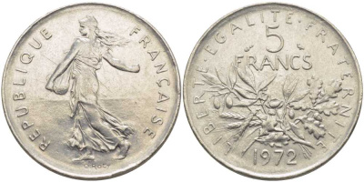 ФРАНЦИЯ 5 ФРАНКОВ 1972 СЕЯТЕЛЬ KM 926а.1, LE FRANC 341.4 медно-никель плакированный никелем 111-1135