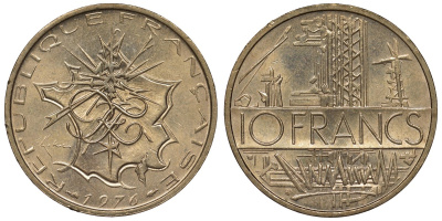 Франция 10 франков 1976 тип Матье KM 940, Le Franc 365.7-8 никель латунь 4123-614