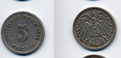 ГЕРМАНИЯ 5 ПФЕННИГОВ 1906 F, KM 11, J. 12 медно-никель 76-243