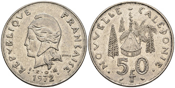 Французская Новая Каледония 50 франков 1972 хижина среди сосен и пальм, (IEOM) KM 13, Schoen 15, Lec 121 никель 4120-131