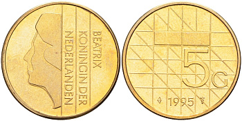 Нидерланды 5 гульденов 1995 Беатрикс (1980-2013) KM 210 никель плакированный бронзой 4116-214