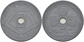 БЕЛЬГИЯ 25 САНТИМОВ 1942 BELGIE-BELGIQUE, ГЕРМАНСКАЯ ОККУПАЦИЯ, ВТОРАЯ МИРОВАЯ ВОЙНА KM 132 цинк 213-853