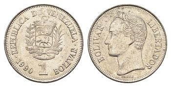 Венесуэла 1 боливар 1990 Симон Боливар Y 52a.2 сталь плакированная никелем 4662-857