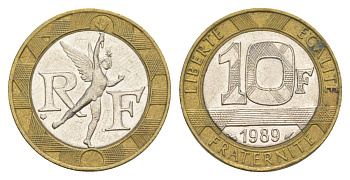 Франция 10 франков 1989 тип гений Бастилии KM 964.1, Le Franc 375 биметалл 4631-545