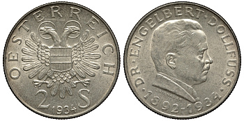 Австрия 2 шиллинга 1934 на смерть канцлера Энгельберта Дольфуса KM 2852 серебро 413-5834