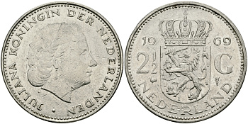 Нидерланды 2 1/2 гульдена 1969 Юлиана (1948-1980) KM 191 никель 87-1016