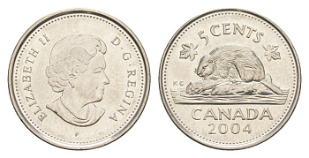 Канада 5 центов 2004 P, Елизавета II (1952-2022), бобр KM 491 сталь плакированная никелем UNC 4630-756
