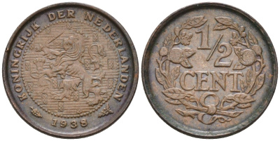 Нидерланды 1/2 цента 1938 Вильгельмина (1890-1948) KM 138 бронза 192-454