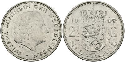 Нидерланды 2 1/2 гульдена 1969 Юлиана (1948-1980) KM 191 никель 87-1016