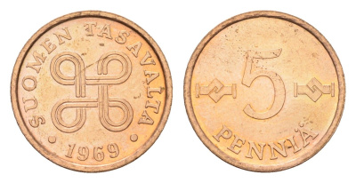 Финляндия 5 пенни 1969 KM 45 медь UNC 4649-167