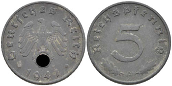 ГЕРМАНИЯ 5 РЕЙХСПФЕННИГОВ 1941 A KM 100, J. 370 цинк 105-246