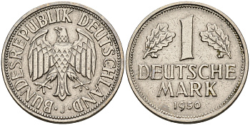 ФРГ 1 марка 1950 J KM 110, J.385 медно-никель    4153-524