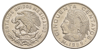 Мексика 50 сентаво 1969 KM 452 медно-никель aUNC 4628-926