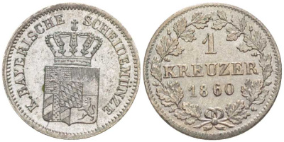 Бавария 1 крейцер 1860 Максимилиан II (1848-1864) KM 473 серебро 201-1017