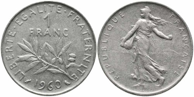 ФРАНЦИЯ 1 ФРАНК 1960 СЕЯТЕЛЬ KM 925.1, LE FRANC 226.4 никель 85-814