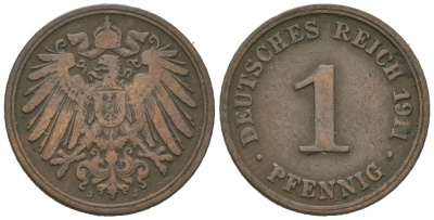 Германия 1 пфенниг 1911 J, Вильгельм II (1888-1918) KM 10, J. 10, Weege 2 медь 4615-225