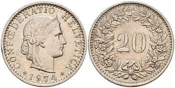Швейцария 20 раппенов 1974 KM 29а медно-никель 92-1257