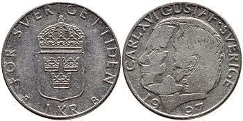 Швеция 1 крона 1997 Карл XVI Густав (1973- ) KM 852a медно-никель 4382-1156