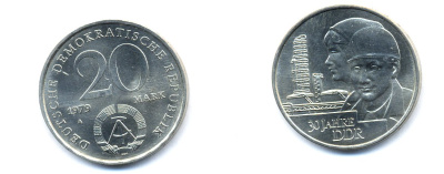 ГДР 20 марок 1979 A, 30 лет образования ГДР J. 1573, KM 75 медь никель цинк UNC 3333-511