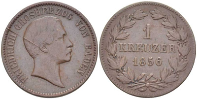 Баден 1 крейцер 1856 Великий Герцог Фридрих I (1856-1907), раскол штемпеля КМ 232 медь 441-712