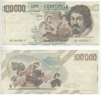 Италия 100000 лир 1983 Караваджо, фруктовый букет, подпись Speziali Pick 110b бумага 7220-21-2