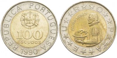 Португалия 100 эскудо 1990 Педру Нуниш (1502-1578), математик KM 645.1 биметалл 87-657