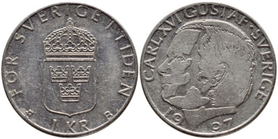 Швеция 1 крона 1997 Карл XVI Густав (1973- ) KM 852a медно-никель 4382-1156