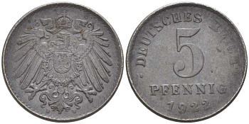 ГЕРМАНИЯ 5 ПФЕННИГОВ 1922 D KM 19, J. 297, Weege 5 железо 206-754