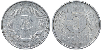 ГДР 5 ПФЕННИГОВ 1968 A KM 9.1 алюминий 62-116