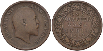 Британская Индия 1/4 анна 1910 Эдуард VII (1901-1910) KM 502 бронза 28-525