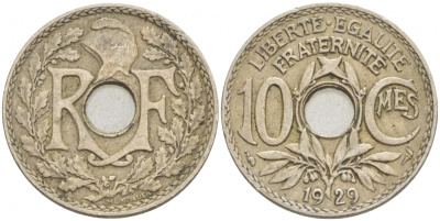 ФРАНЦИЯ 10 САНТИМОВ 1929 ТИП ЛИНДАЙЁ KM 866а медно-никель 4402-755