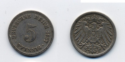 ГЕРМАНИЯ 5 ПФЕННИГОВ 1907 A, KM 11, J. 12 медно-никель 84-957