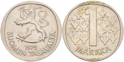 ФИНЛЯНДИЯ 1 МАРКА 1975 S KM 49a медно-никель 4563-517