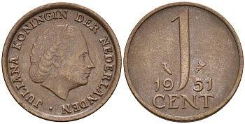 Нидерланды 1 цент 1951 Юлиана (1948-1980) КМ 180 бронза    4174-542