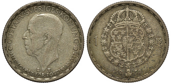 Швеция 1 крона 1950 TS, Густав VI Адольф (1950-1973) KM 814 серебро 4178-547